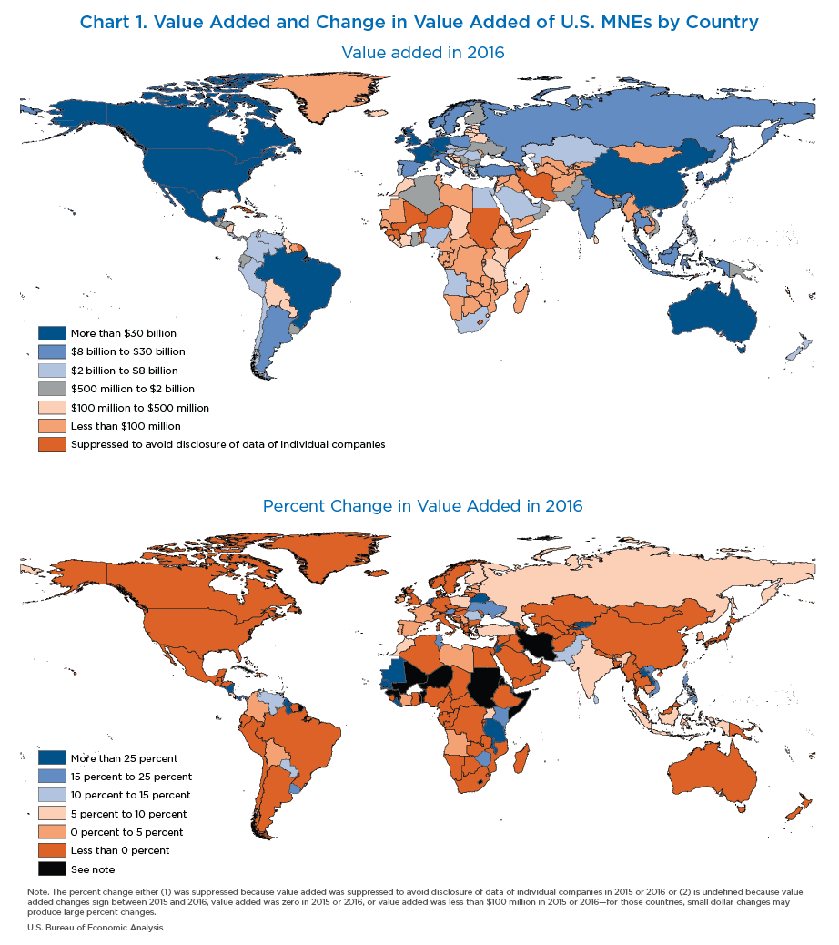 Chart 1. Value Added and Change in Value Added of U.S. MNEs by Country. Map.