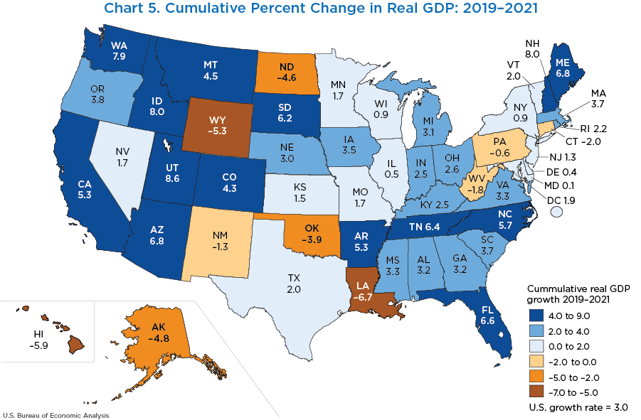 Chart 5. Cumulative Percent Change in Real GDP: 2019–2021. Map chart.